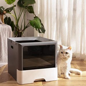 CATISM Katzentoilette Haubentoilette Doppeltürige Katzentoiletten mit Katzenschaufel und Edelstahlhaken Katzentoilette vom Typ Schublade Aschgrau
