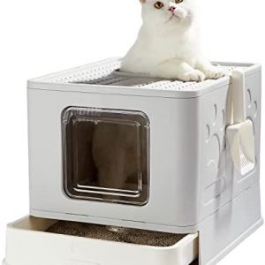 Pawsayes Katzentoilette Mit Abdeckung XXL, Katzenklo Oben einstieg mit Löchern im Deckel für Große Katzenrassen oder Muti-Katzen (Grau)