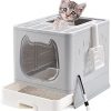 Suhaco Faltbare Katzentoilette, Katzentoilette von Oben mit Deckel, abgedeckte Katzentoilette mit Katzentoilettenschaufel und 2-1 Reinigungsbürste (Grau)