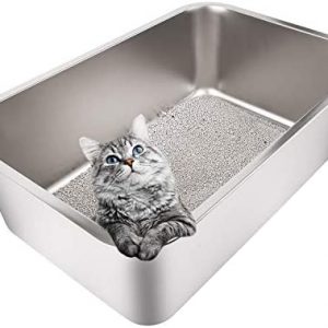 Yangbaga Katzentoilette Groß aus Edelstahl, robuste Katzentoilette, Nicht leicht zu verzerren, Kaninchentoilette, Toilette für großes Häschen und große Katze, 50x 35x 20 cm, Silber