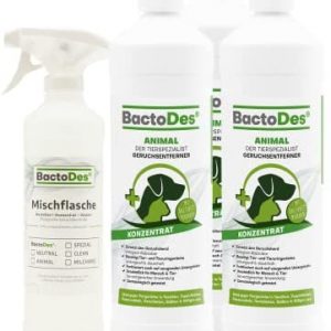 BactoDes Animal Tier Geruchsentferner Konzentrat - 3 x 1 Liter inkl. Mischflasche - Geruchskiller bei Katzenurin, Hundeurin und Kleintiere