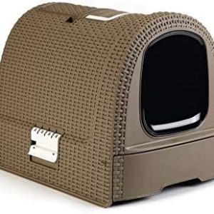 Curver petlife Katzentoilette mit Deckel, Katzenklo inklusive Schaufel, Moderne Rattangeflecht-Optik, Mokka, 51,5 x 38,5 x 40 cm
