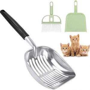 Aiqi Katzenstreu Scooper, Katzenstreu Schaufel Metall Aus Robustemaluminium, Katzenklo Schaufel mit Langem Griff für Katzentoiletten Haustier Katzen, 35 * 14cm, Grau mit Kunststoff Schaufel Besensets