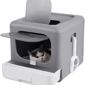 BingoPaw Katzenklo mit Deckel XXL Katzentoilette Faltbare Haustiertoilette inklusive Fronttür, Bodenschale und Streuschaufel, geruchsfrei 43x40.5x37.5cm (Grau)
