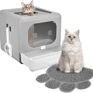 CATISM Katzentoilette Haubentoilette Doppeltürige Katzentoiletten geschlossene Katzenklo mit Katzenschaufel und Katzentoilette vom Typ Schublade Aschgrau