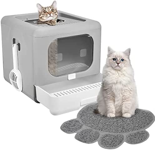 CATISM Katzentoilette Haubentoilette Doppeltürige Katzentoiletten geschlossene Katzenklo mit Katzenschaufel und CATISM Katzentoilette Haubentoilette Doppeltürige Katzentoiletten geschlossene Katzenklo mit Katzenschaufel und Katzentoilette vom Typ Schublade Aschgrau