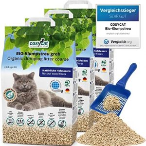 COSYCAT Klumpendes Bio-Katzenstreu aus Holz [100% Natürlich] – in der Toilette entsorgbar – Klumpstreu pflanzlich - Holzstreu (GROB, 60 l (3 x 20 l))