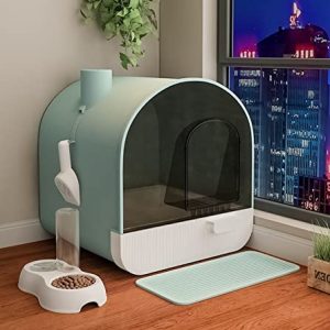 FJUAN Große Katzentoilette, geschlossene Katzentoilette aus Kunststoff mit Luftfilter, Schubladen-Katzentoilette, überdachte Katzentoilette für mittelgroße/große Katzen,Grün