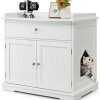 GOPLUS 3 in 1 Katzentoilettengehäuse, Katzentoilette mit Schubladen, Doppeltüren und Katzenlöchern, versteckte Katzentoilette, Katzenstreu-Beistelltisch für Wohnzimmer, Schlafzimmer & Balkon,weiß