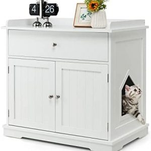 GOPLUS 3 in 1 Katzentoilettengehäuse, Katzentoilette mit Schubladen, Doppeltüren und Katzenlöchern, versteckte Katzentoilette, Katzenstreu-Beistelltisch für Wohnzimmer, Schlafzimmer & Balkon,weiß