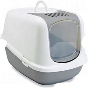 Große Katzentoilette mit Deckel XXL - hat eine obere Öffnung für schnelle und einfache Reinigung - geräumiger Innenraum - ideal für sehr große Katzen (hellgrau & weiß, 66,5 x 48,5 x 46,5 cm (L x B x H)