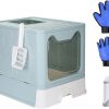 Katzentoilette mit Abdeckung, Klappbarer Haustierkatze Wurf Tablett Box, Haustier Fellpflegehandschuh und Pet Pinsel, 51 x 41 x 38 cm(Blau)