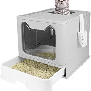 Katzentoilette,Große Faltbare Katzenklo mit Deckel,Bodenschale und Schaufel,Tragbar,Grau,51 x 41 x 38cm