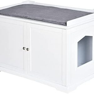 PawHut Katzenschrank Katzentoilette Katzenklo Katzenhaus Katzenbett mit magnetischen Türen verstellbaren Trennwände MDF Kurzplüsch Weiß+Grau 95,3 x 54 x 63 cm