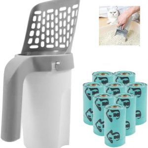 Taipintee Katzenklo Schaufel 2 in 1, Streuschaufel mit Behälter, Schmutzfreie Katzenstreuschaufel mit 8 Rollen Abfallsäcken, für Katzenstreu Klumpstreu (Weiß und grau)